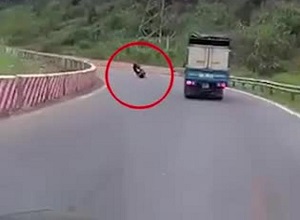 Ôm cua như tay đua mô tô, tài xế lao thẳng xe vào gầm xe tải